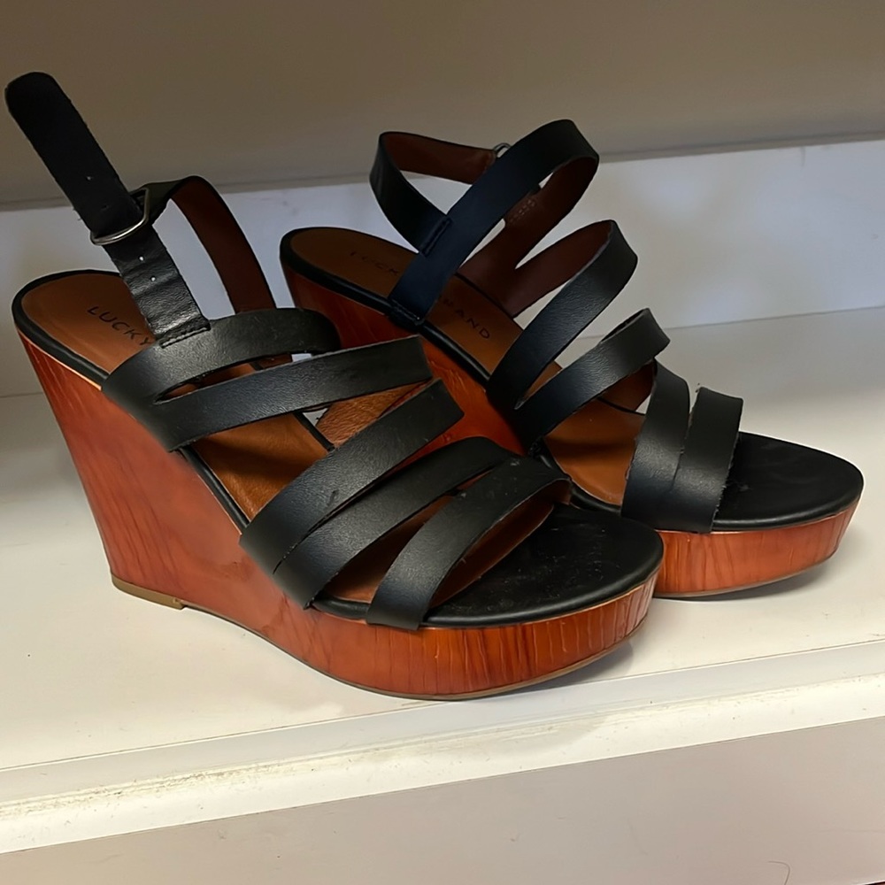 Lucky Brand, black wedge, size 7.5, excellent condition.
